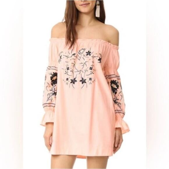 Free People Dresses & Skirts - Free People Peach Cotton Fleur Du Jour Floral Embroidered Boho Mini Dress Medium